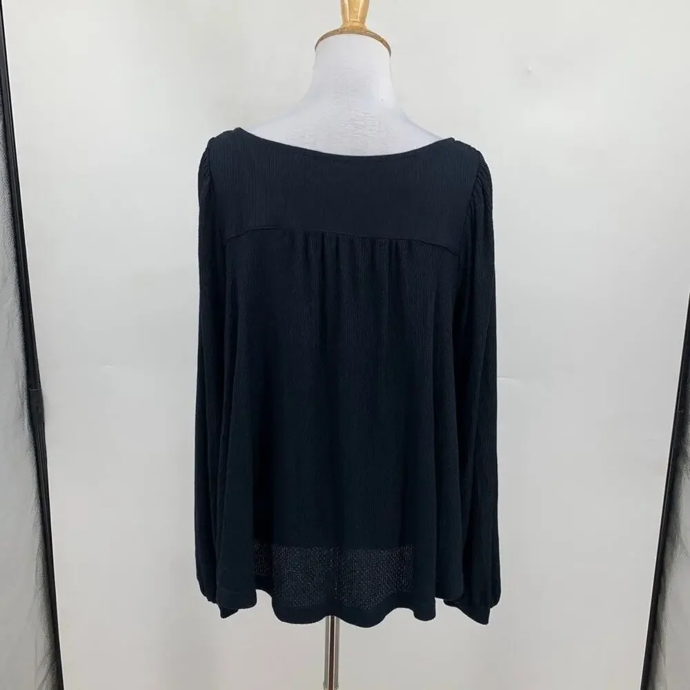 Free People Top Womens S Small Devin Ribbed Knit 1/4 Button Puff Billowy Sleeves